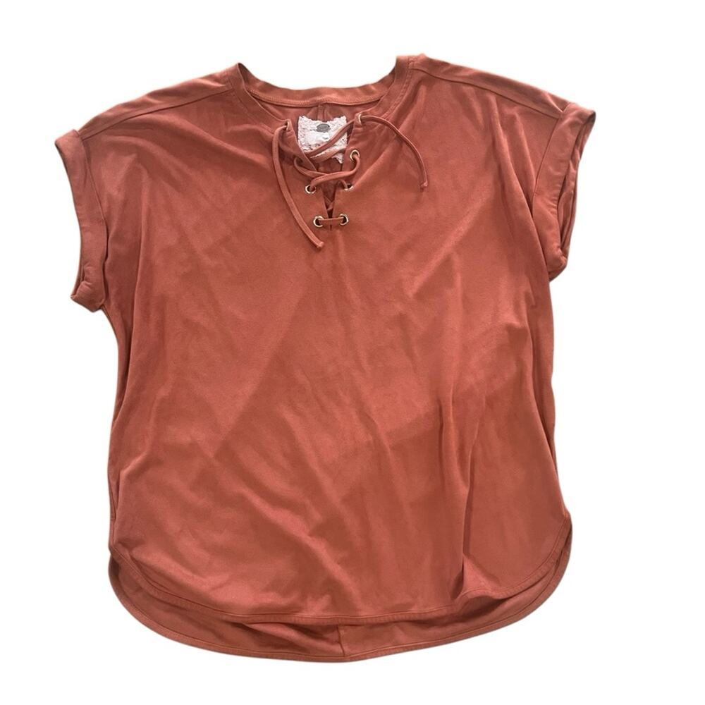 Cupio Womens Top Size XL Faux Suede Lace Up V Neck Cuffed Sleeve Burnt Orangish